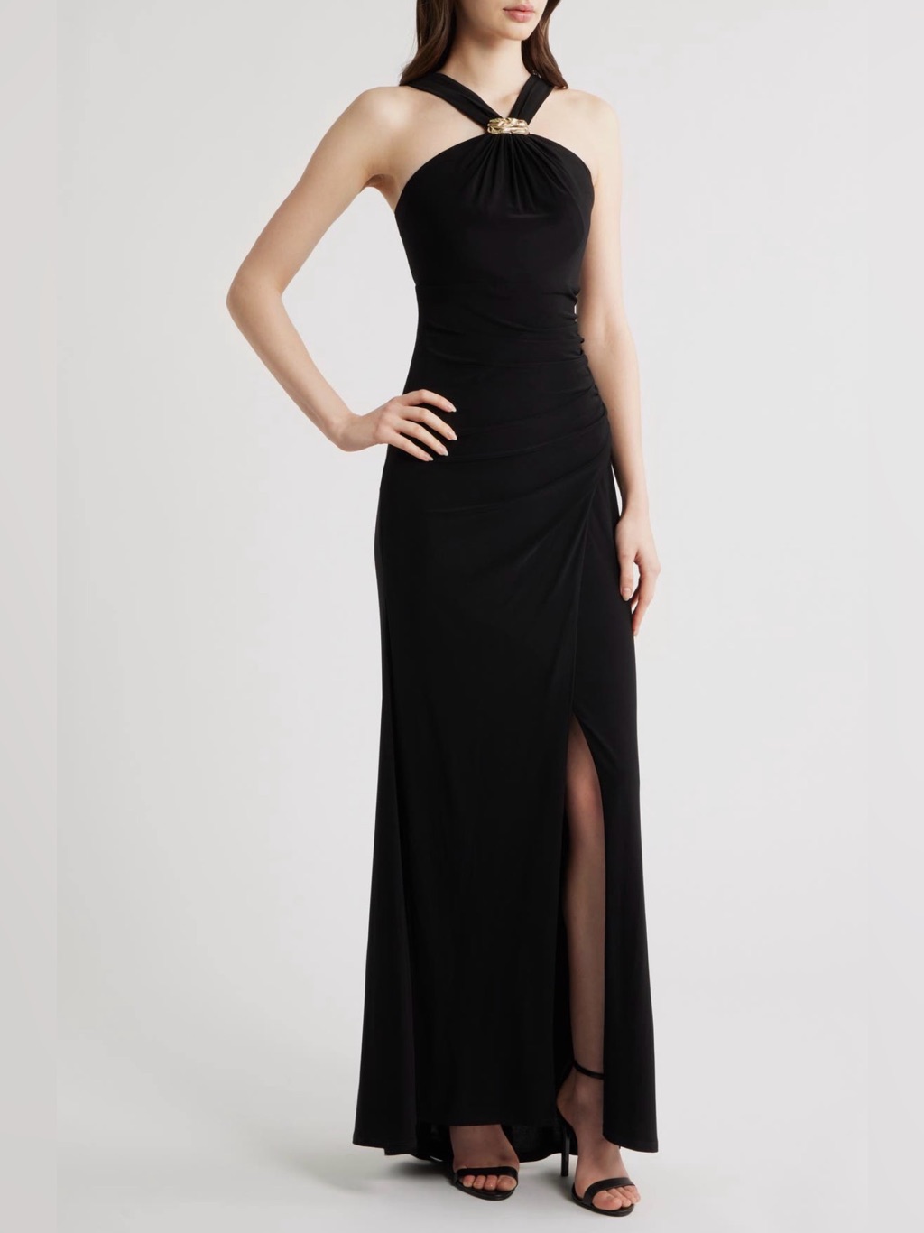 Eliza J Halter Neck Ruched Mermaid Black Evening Gown With Side Slit Nwot 10